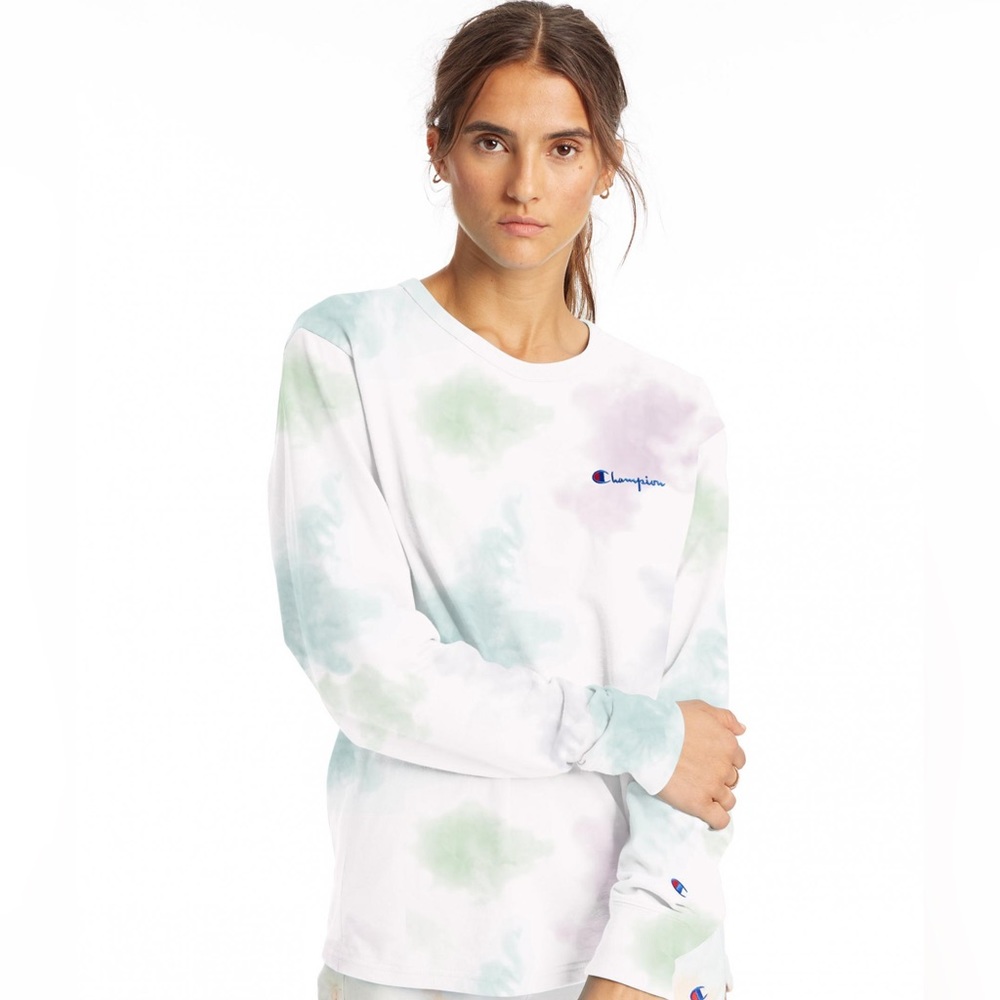 Champion Cotton Tie-Dyed Long-Sleeve Boyfriend Tee in Cloud Dye Ice Cake - S